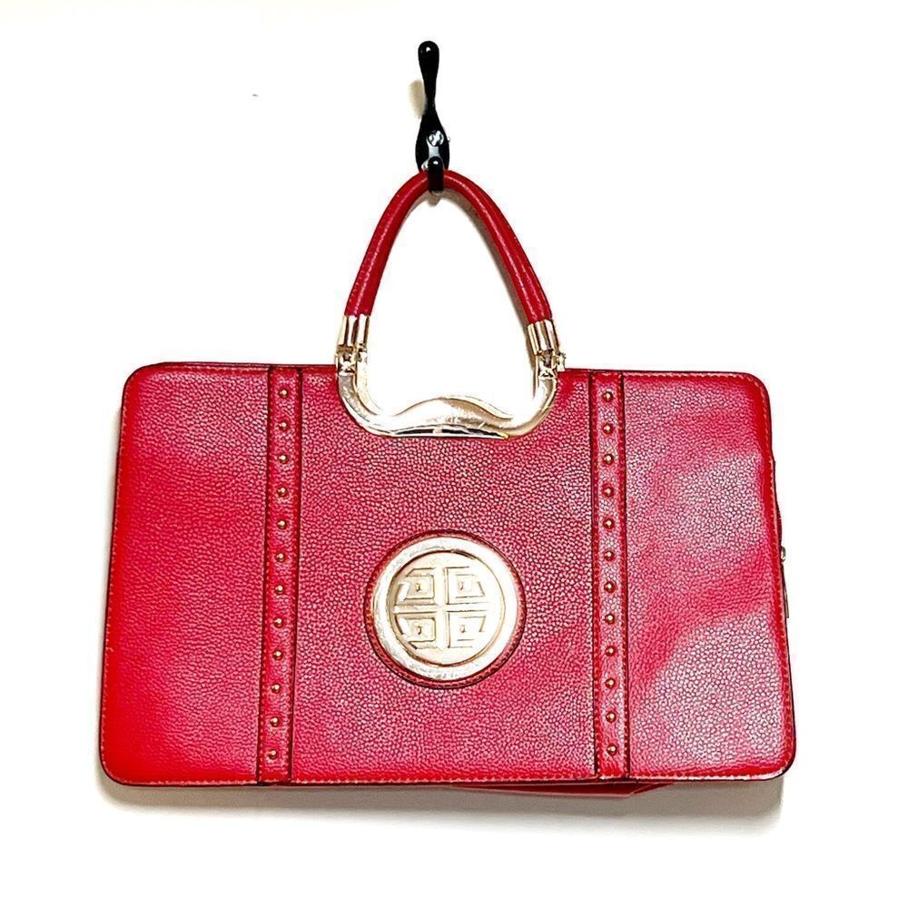Women’s Red Satchel Purse Gold Details Double Top Handle Hard Side Large Bag